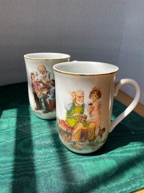 Vtg 1982 Norman Rockwell Museum Porcelain Mugs Gold Rim The Toymaker-The Cobbler